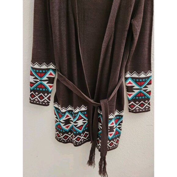 Pink Cattlelac Women Brown Open Long Sleeve Belted Western Cardigan Sweater sz S - Picture 3 of 10